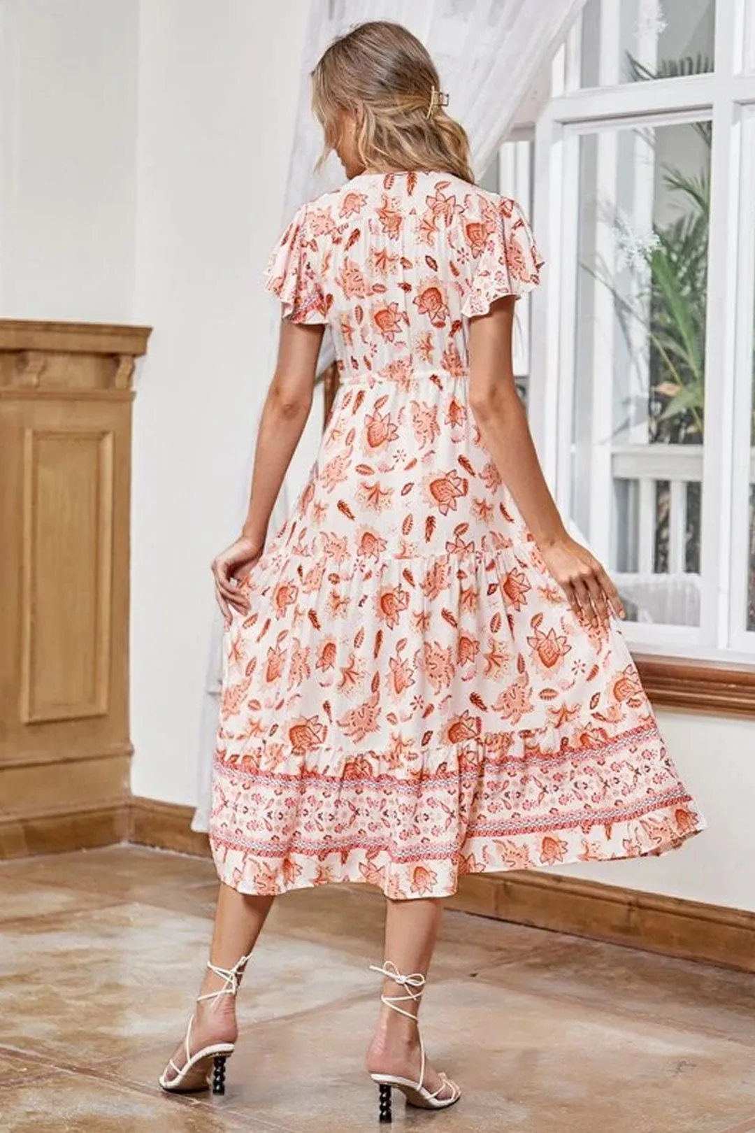 Boho Midi Dress, Sundress, White Orange Celeste