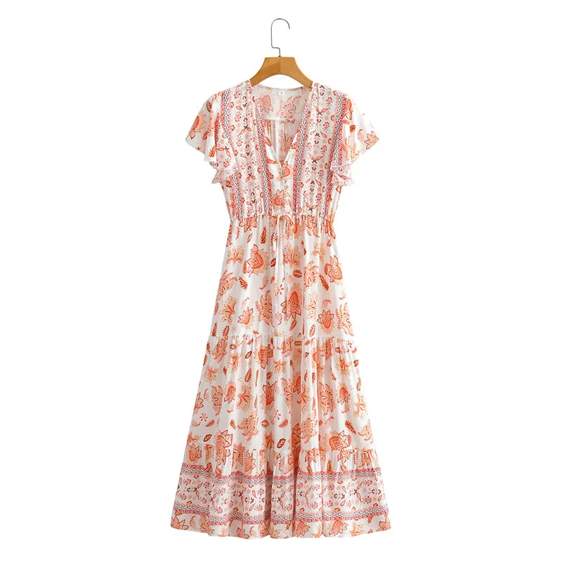 Boho Midi Dress, Sundress, White Orange Celeste