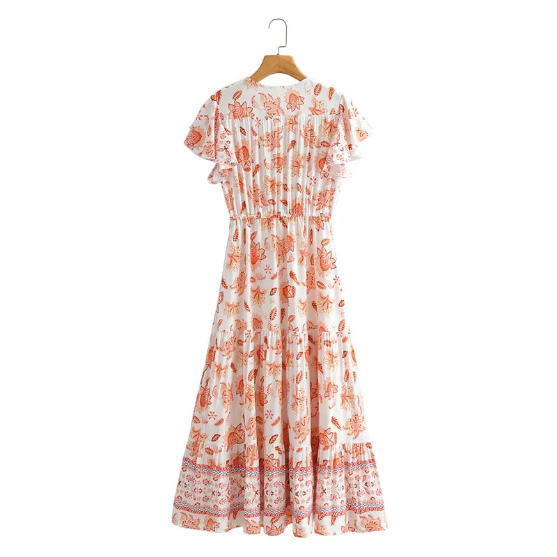 Boho Midi Dress, Sundress, White Orange Celeste