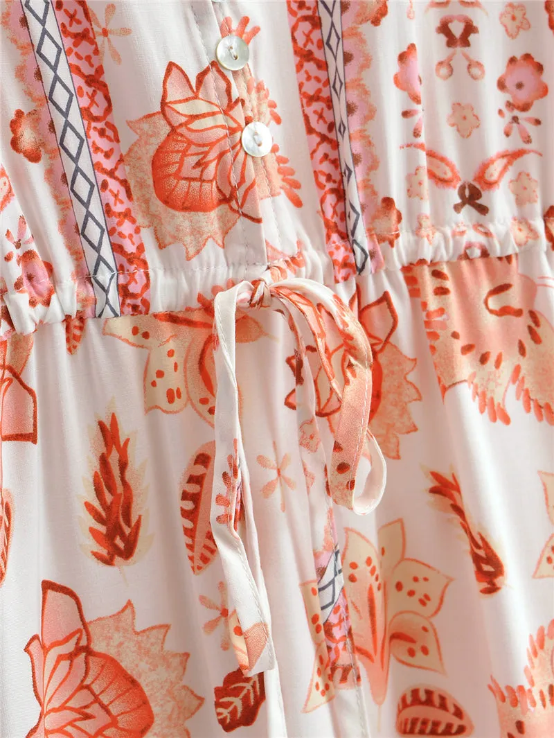 Boho Midi Dress, Sundress, White Orange Celeste