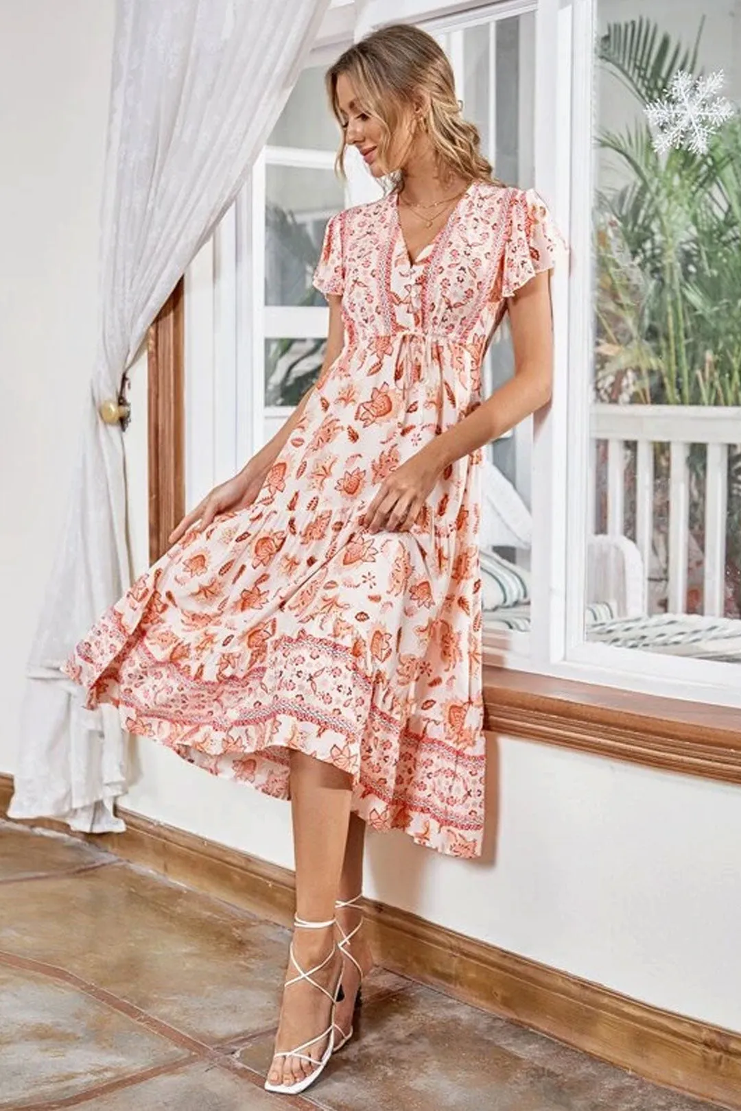 Boho Midi Dress, Sundress, White Orange Celeste