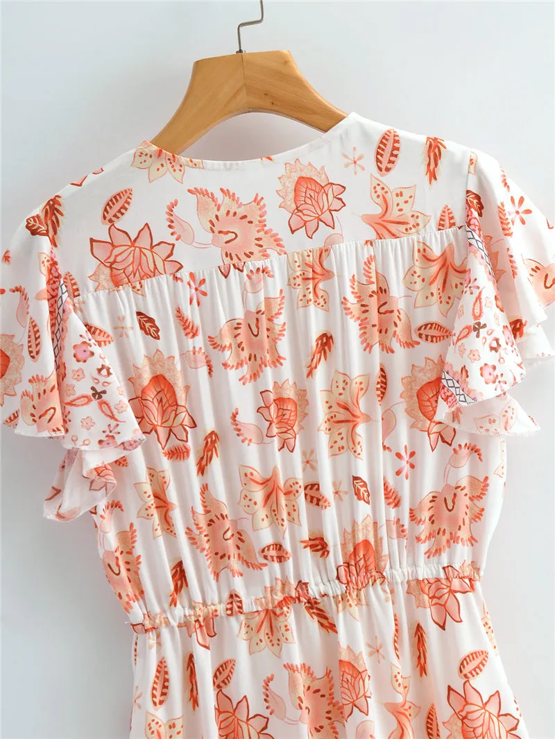 Boho Midi Dress, Sundress, White Orange Celeste