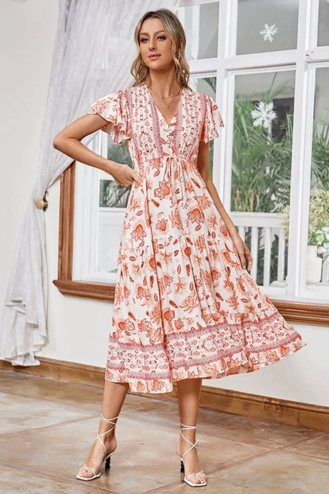 Boho Midi Dress, Sundress, White Orange Celeste