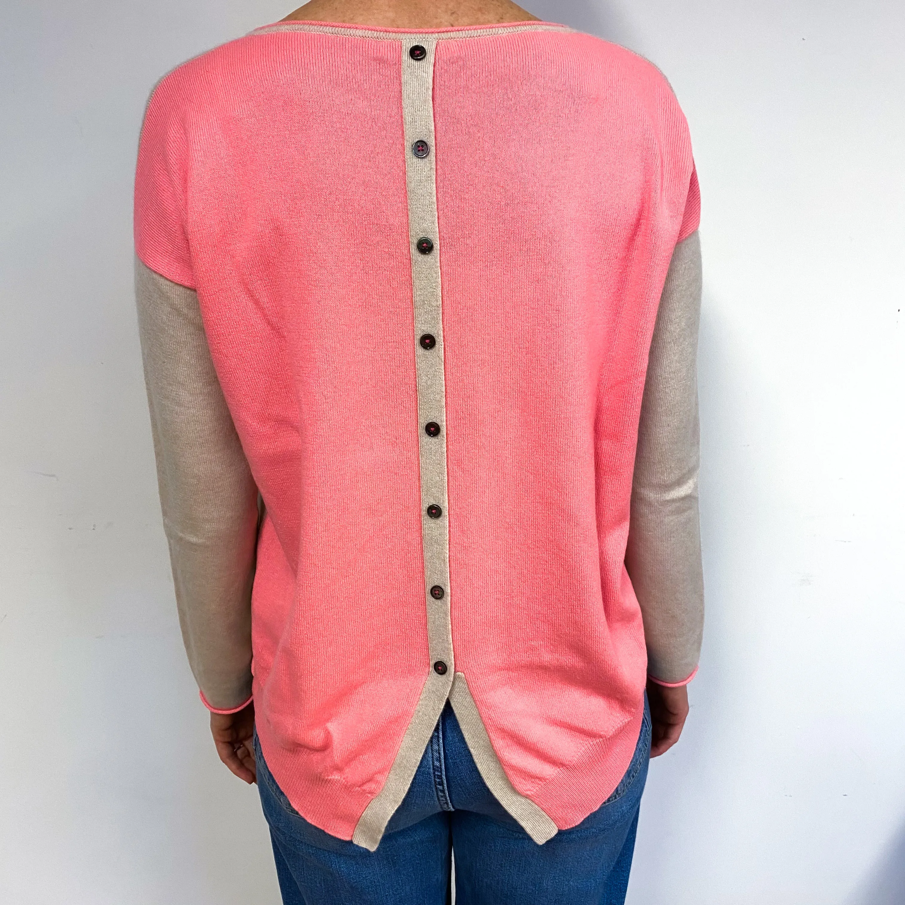 Buff Beige And Coral Pink Cashmere Crew Neck Jumper Medium