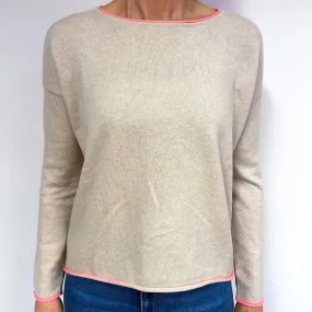 Buff Beige And Coral Pink Cashmere Crew Neck Jumper Medium
