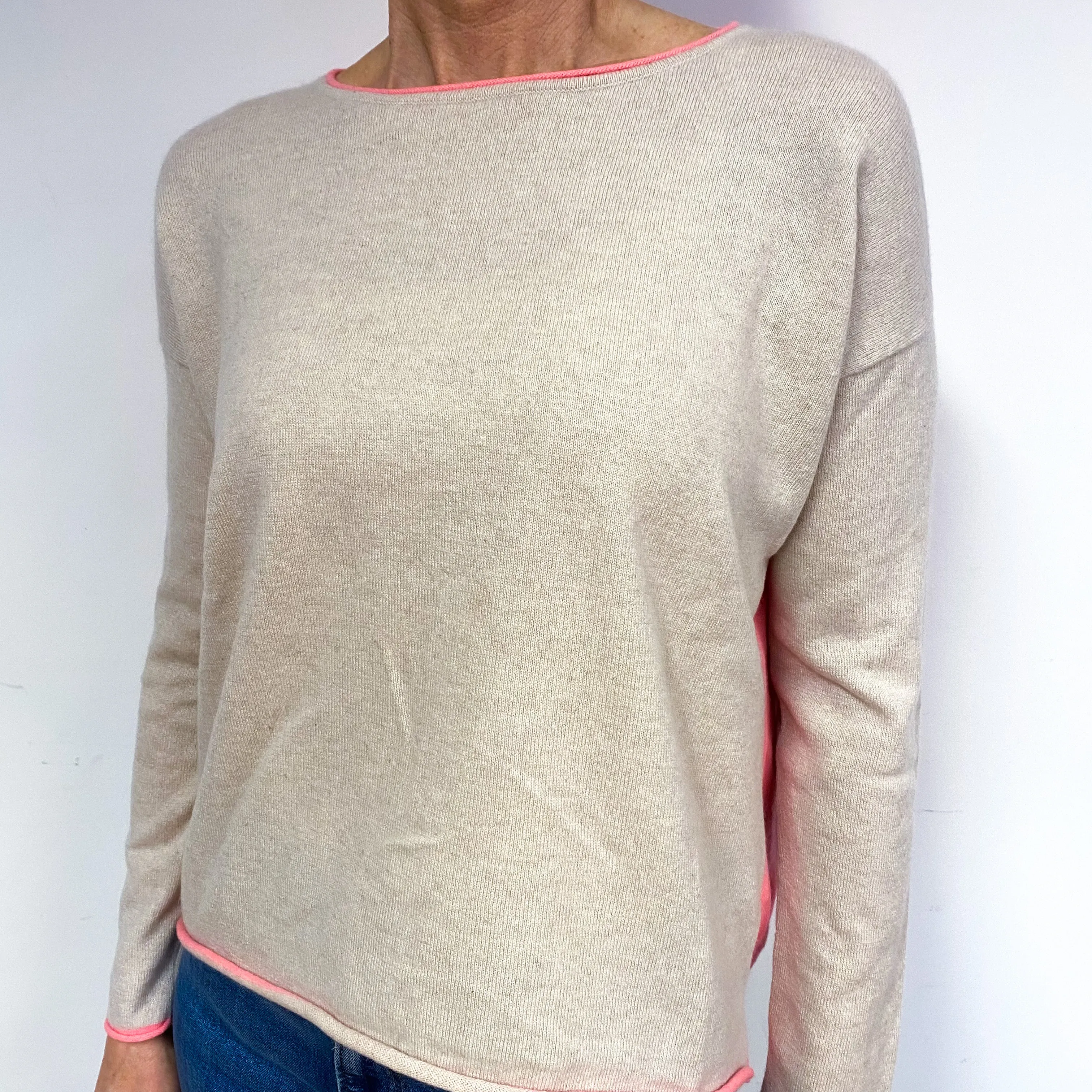 Buff Beige And Coral Pink Cashmere Crew Neck Jumper Medium