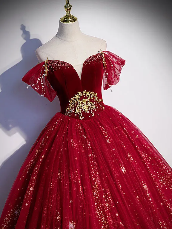 Burgundy sweetheart neck tulle sequin long prom dress, burgundy evening dress