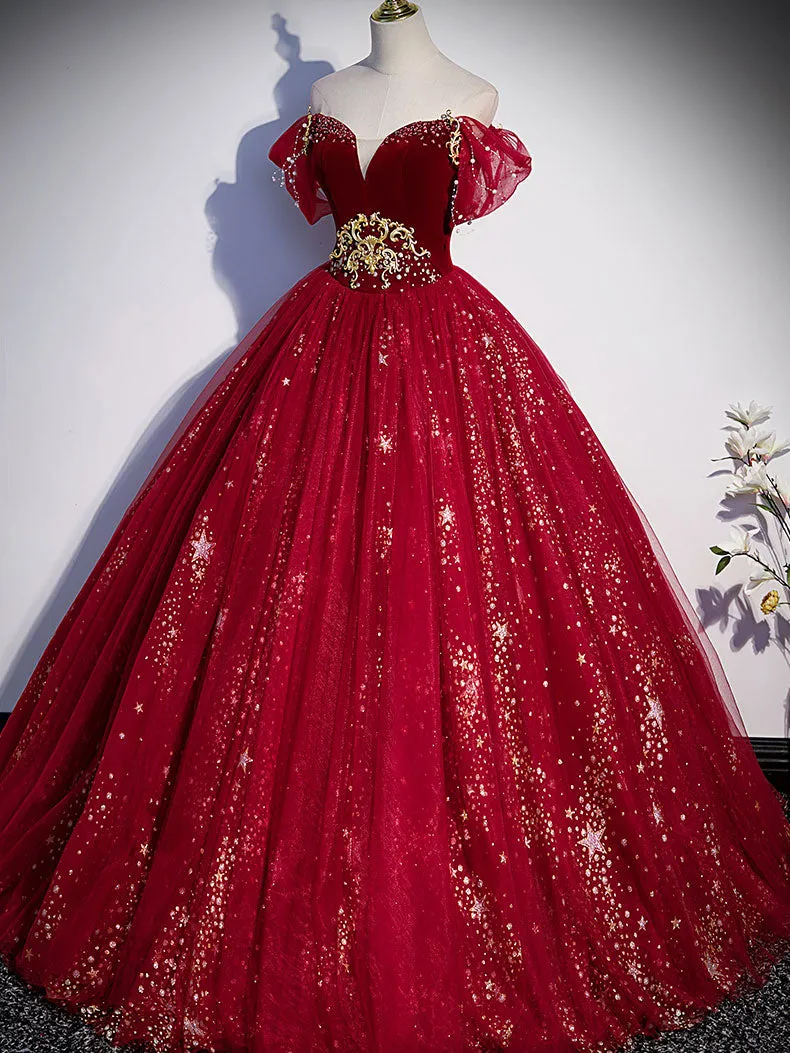 Burgundy sweetheart neck tulle sequin long prom dress, burgundy evening dress