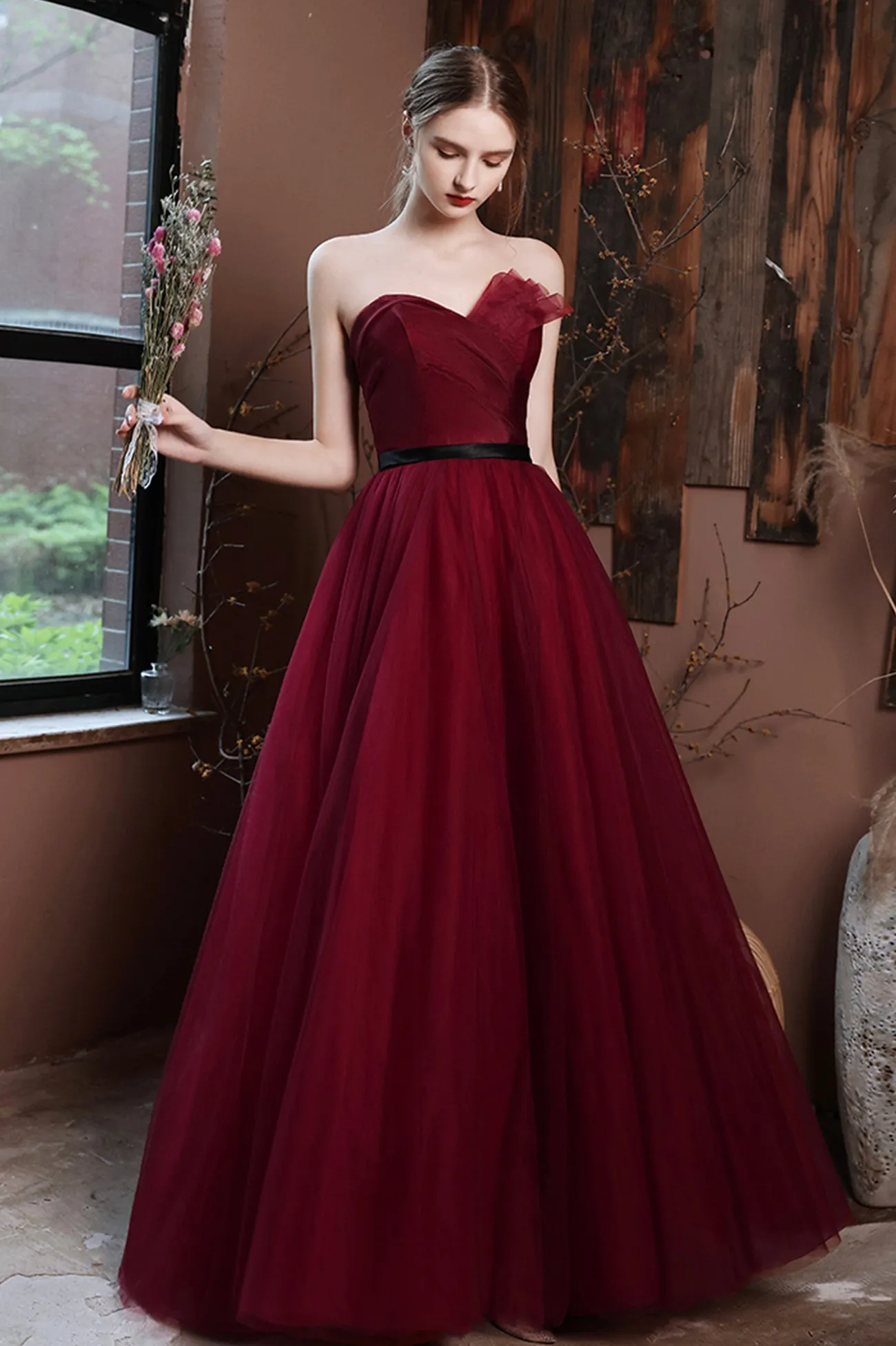 Burgundy Tulle Long A-Line Prom Dress, Burgundy Strapless Evening Party Dress