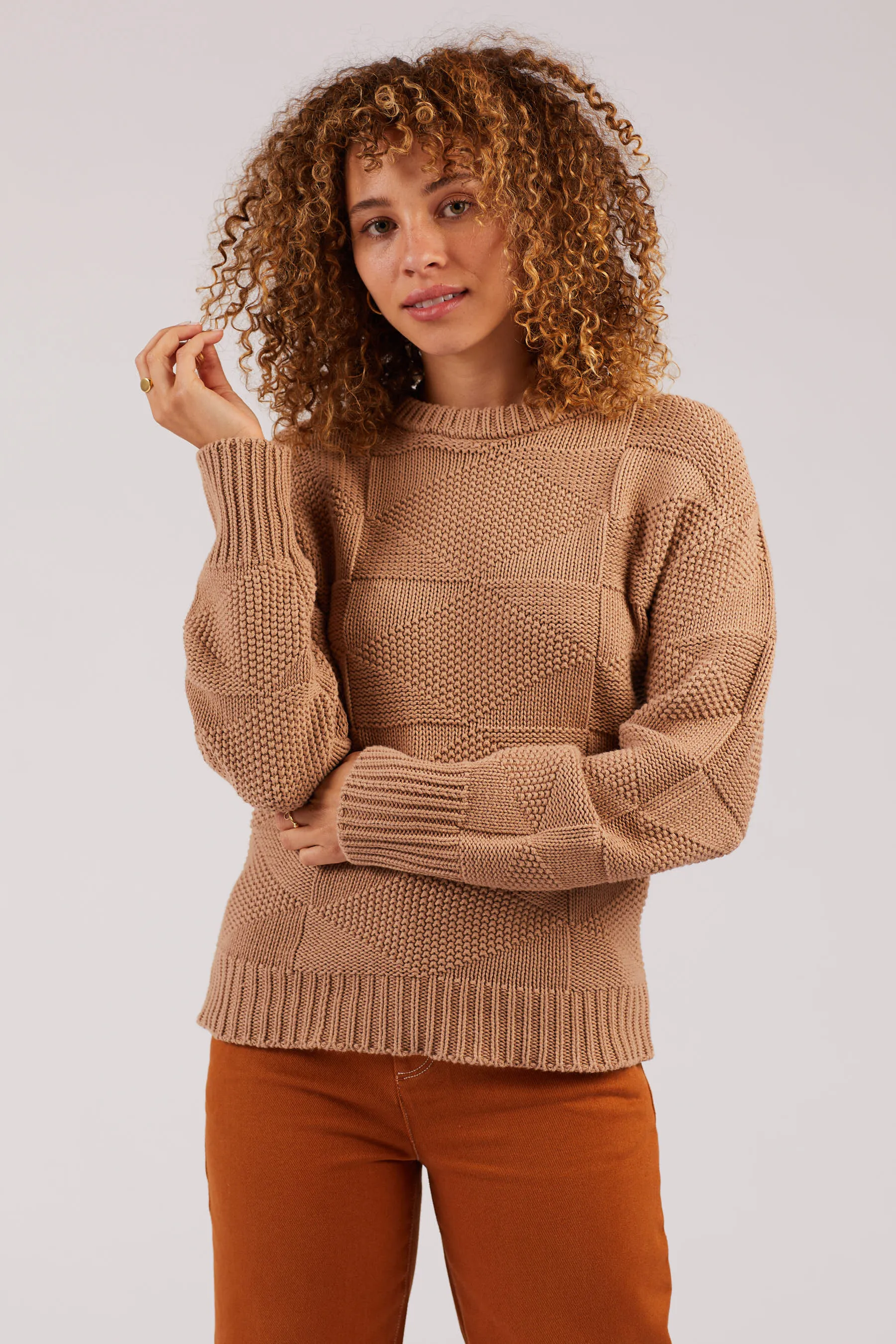 Camel Geometric Crewneck Sweater
