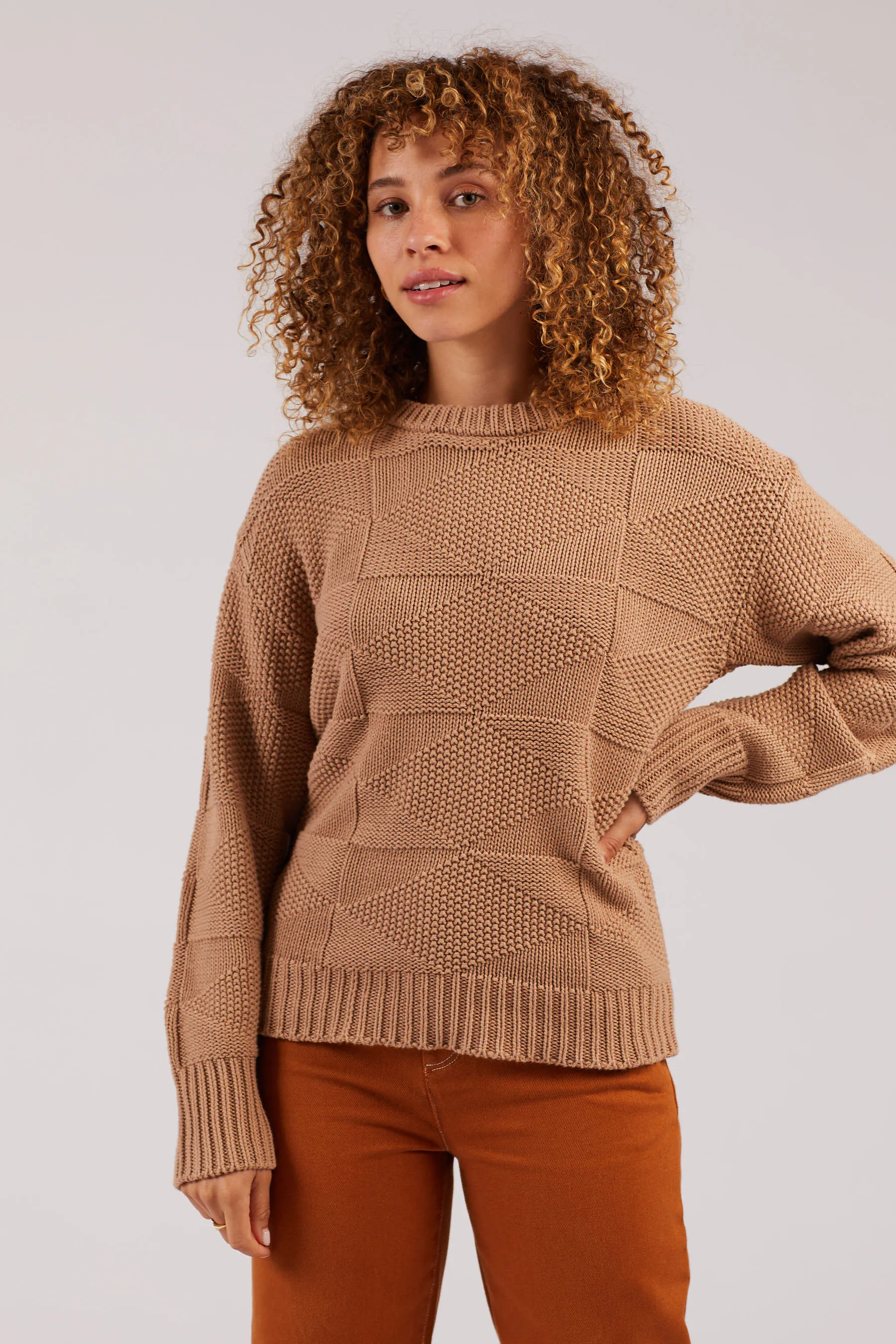 Camel Geometric Crewneck Sweater