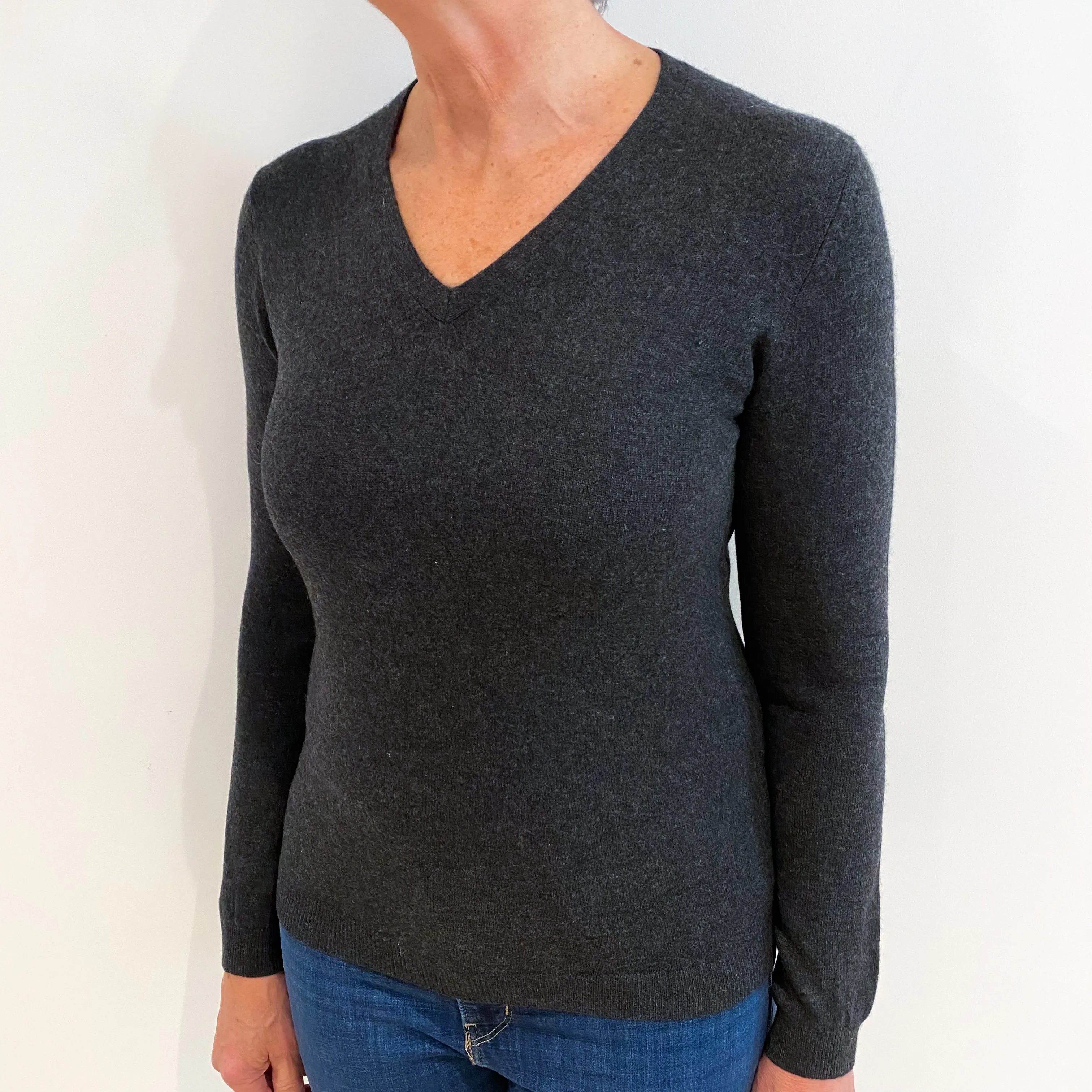 Charcoal Grey Cashmere V Neck Jumper Medium