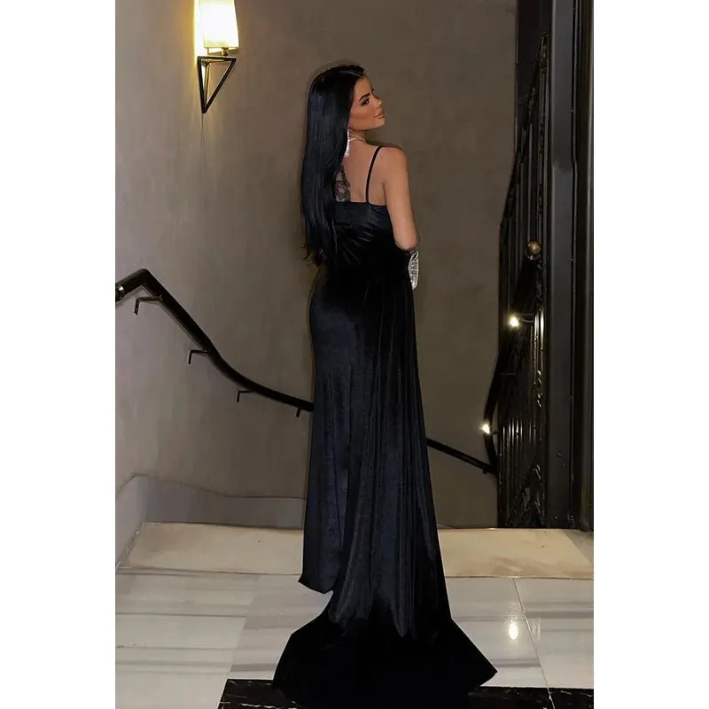 Chic & Modern Spaghetti Straps Square Ruched Side Slit Evening Party Prom Dress