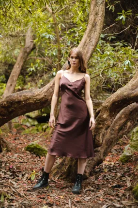 Chocolate Organic Peace Silk Midi Slip Dress