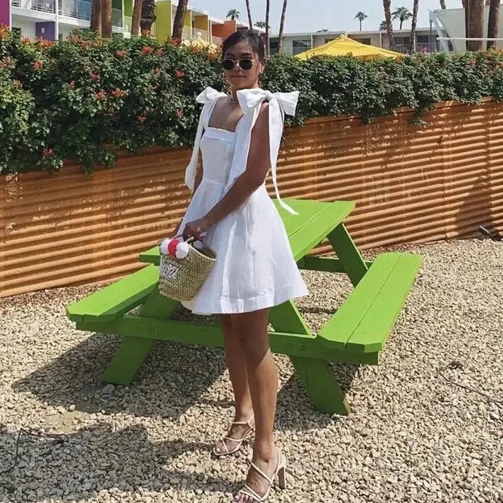 Cotton White Bow Ribbon Dress
