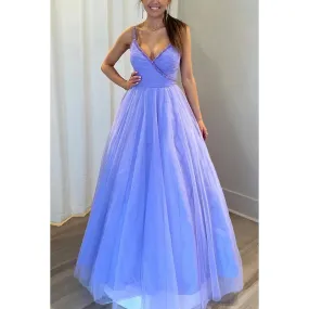 Couture & Ornate Spaghetti Straps V-Neck Sleeveless A-Line Tulle Party Prom Dress