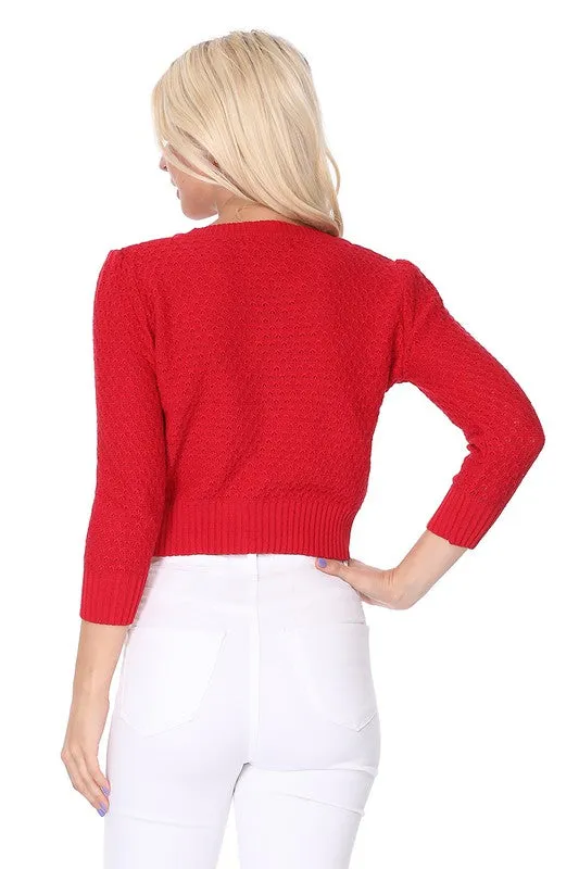 Cute Pattern Cropped Cardigan Sweater 3/4 Sleeve (Curvy)