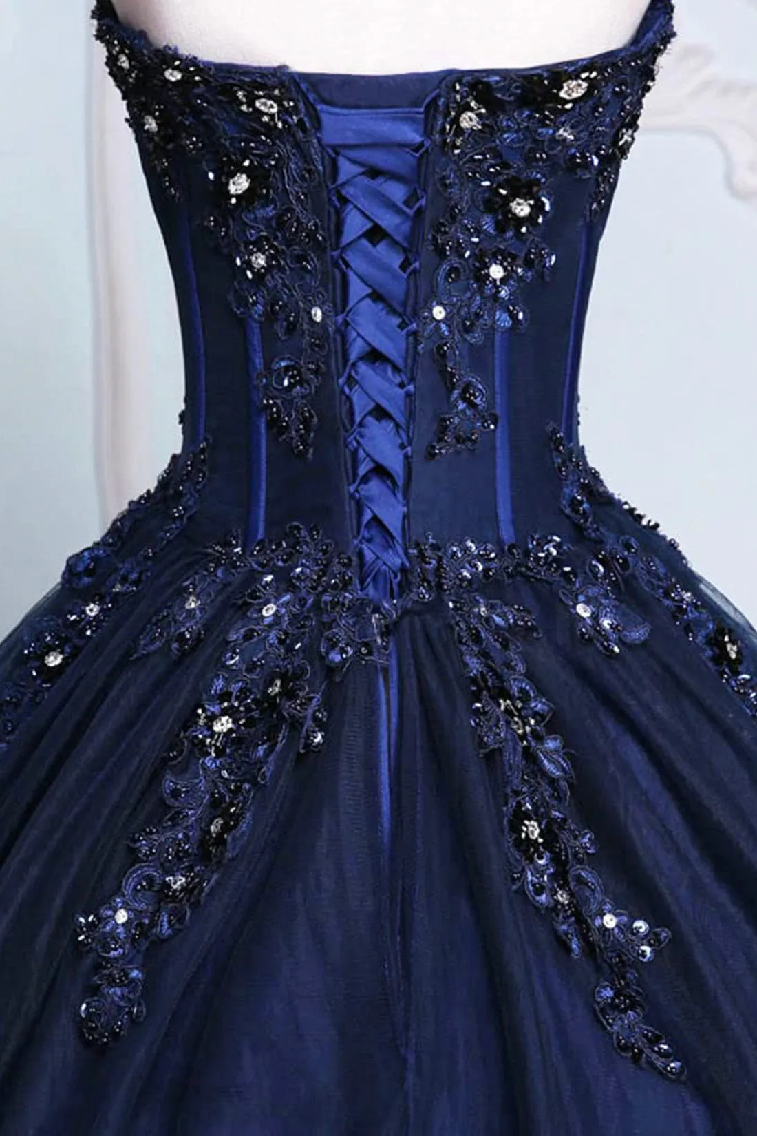 Dark Blue Tulle Lace Princess Dress, Beautiful Strapless Long Prom Dress
