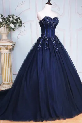 Dark Blue Tulle Lace Princess Dress, Beautiful Strapless Long Prom Dress