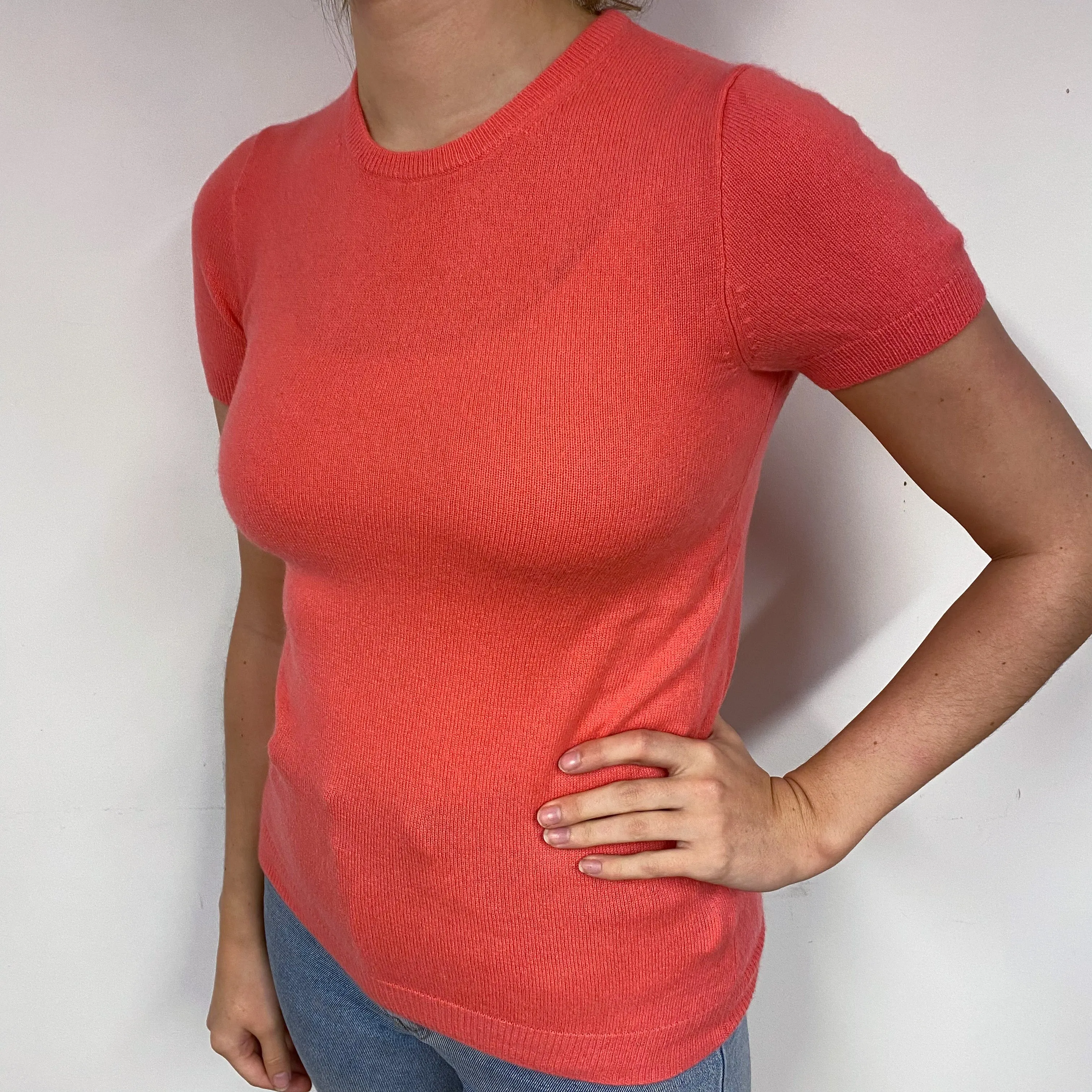 Deep Coral Cashmere Short Sleeved Jumper Small