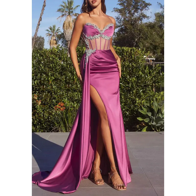 Elegant & Luxurious Off-Shoulder Sleeveless Side Slit Formal Prom Dress With Rhinestones