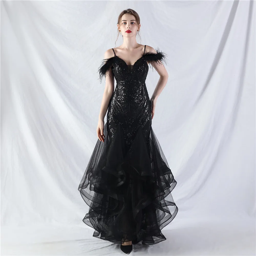 Elegant Ostrich Feather Mesh Floral Sequin Formal Dress