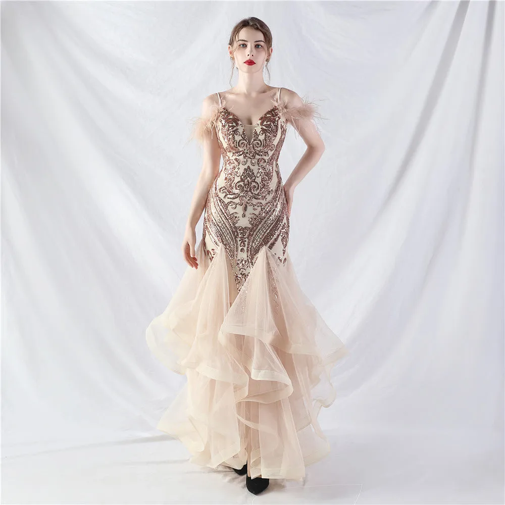Elegant Ostrich Feather Mesh Floral Sequin Formal Dress