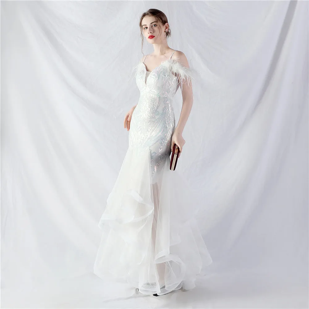 Elegant Ostrich Feather Mesh Floral Sequin Formal Dress