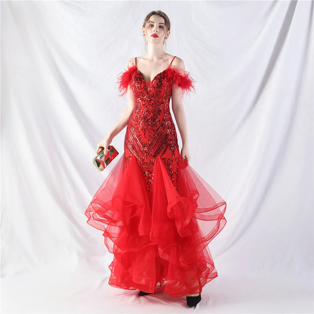 Elegant Ostrich Feather Mesh Floral Sequin Formal Dress