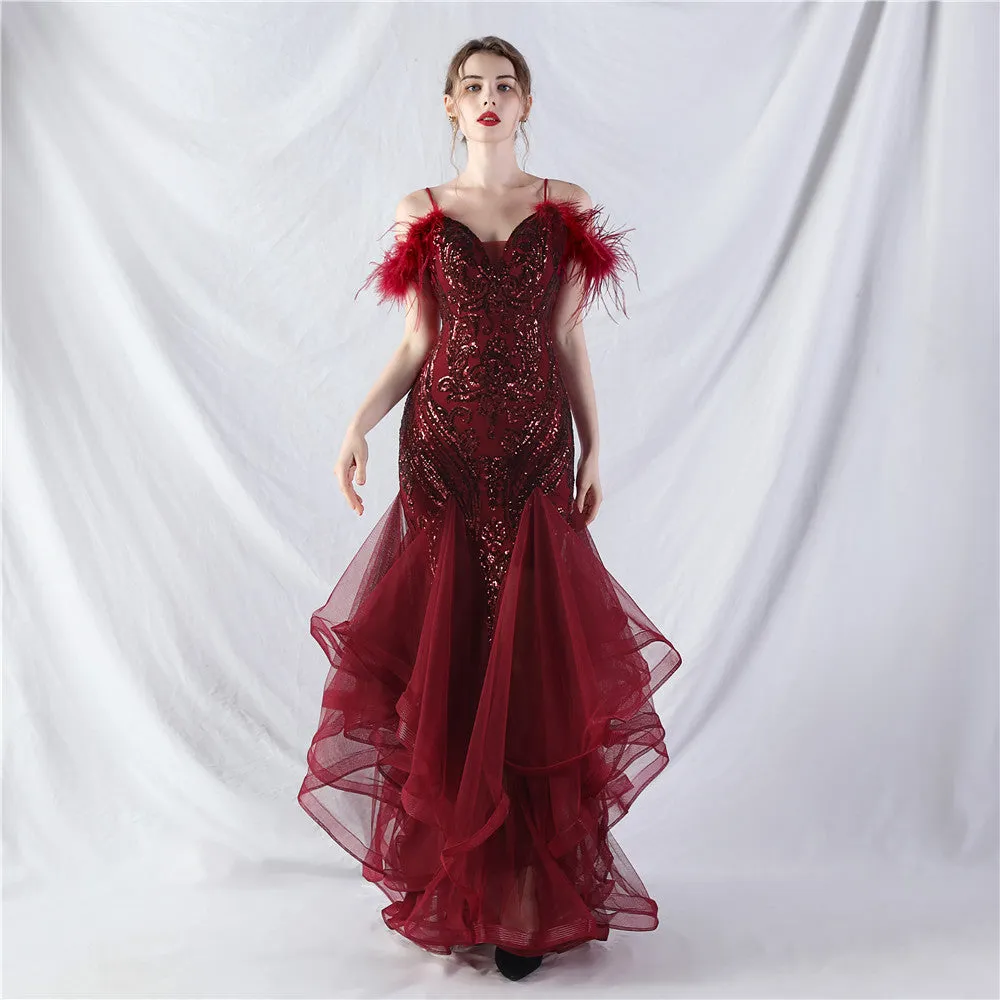 Elegant Ostrich Feather Mesh Floral Sequin Formal Dress