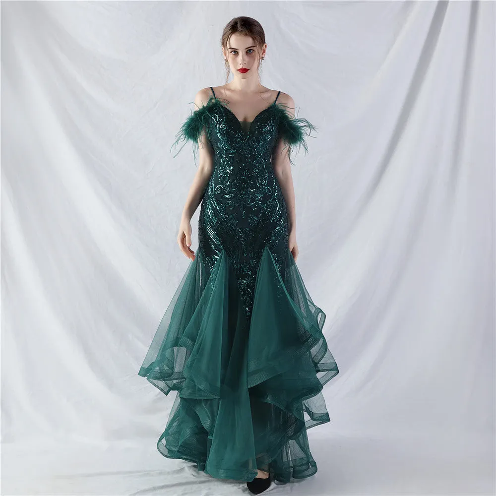 Elegant Ostrich Feather Mesh Floral Sequin Formal Dress