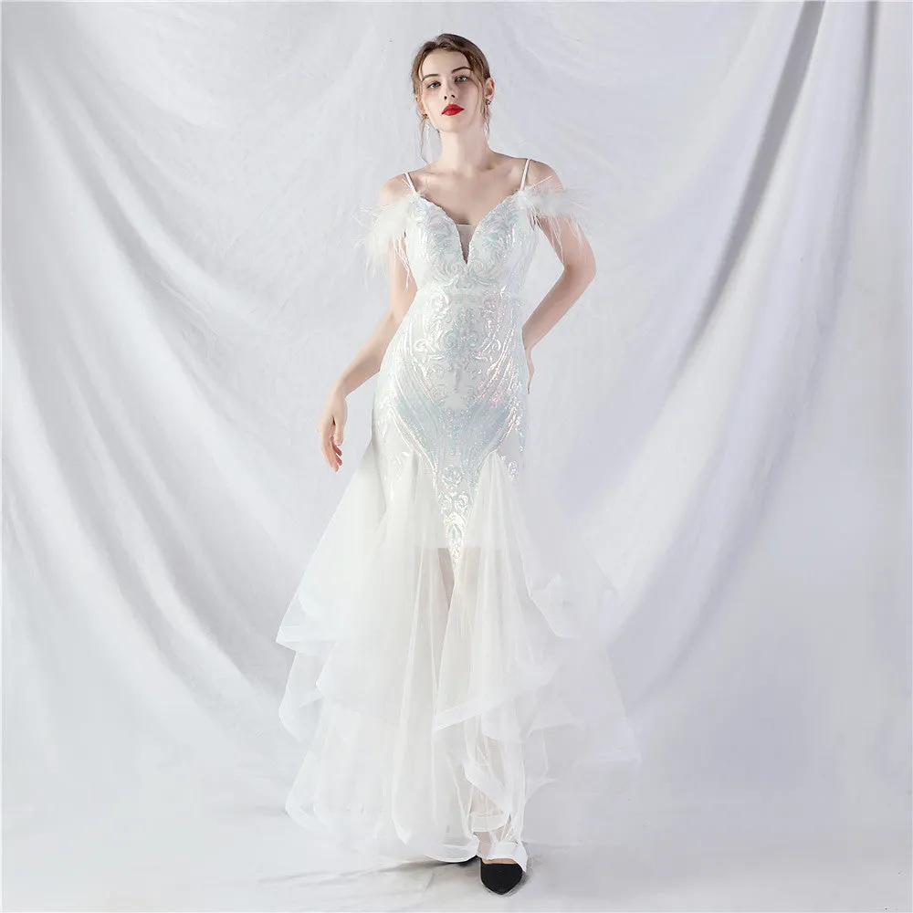 Elegant Ostrich Feather Mesh Floral Sequin Formal Dress