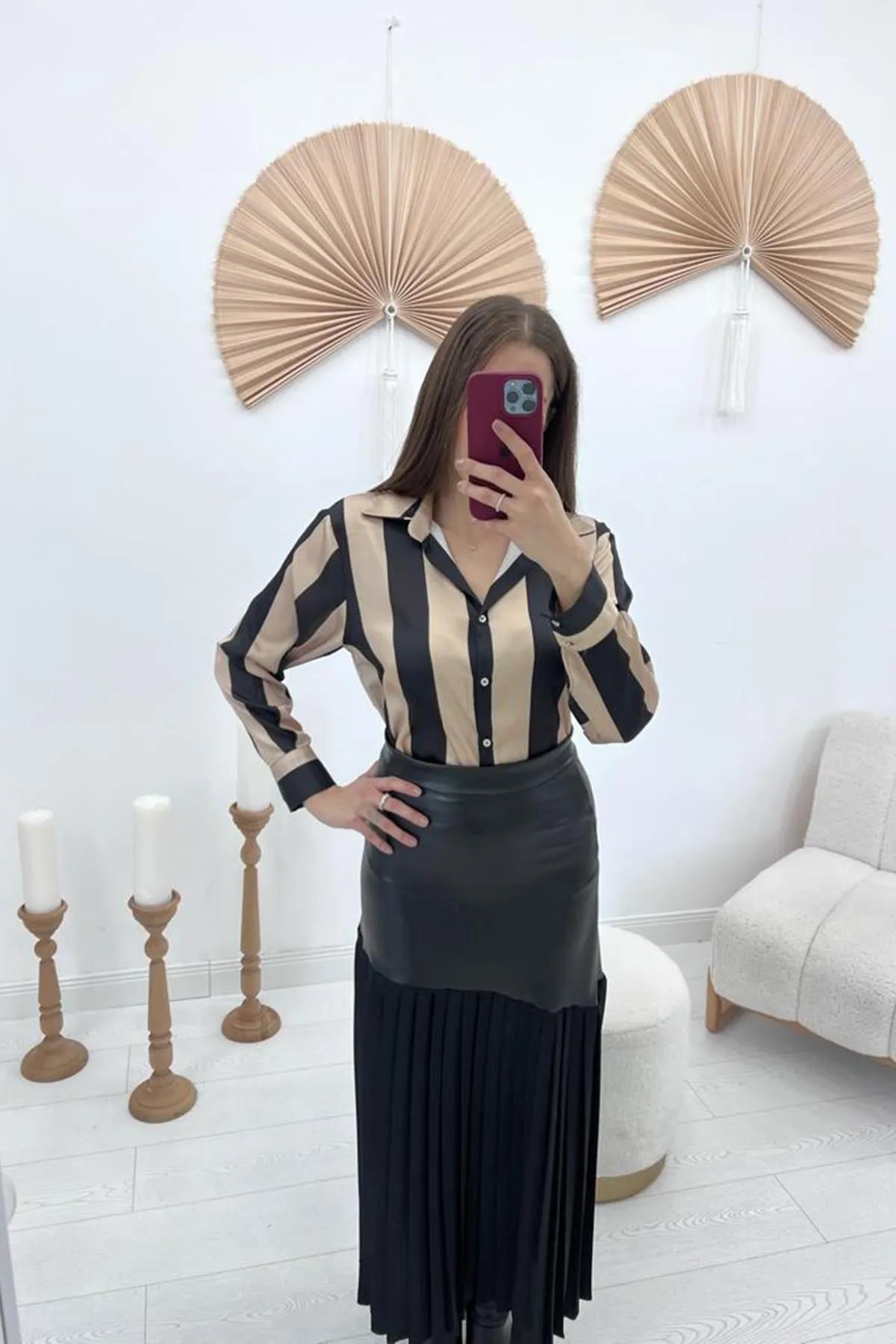 ELS High-Waisted Leather Trimmed Skirt - Black - Babylon