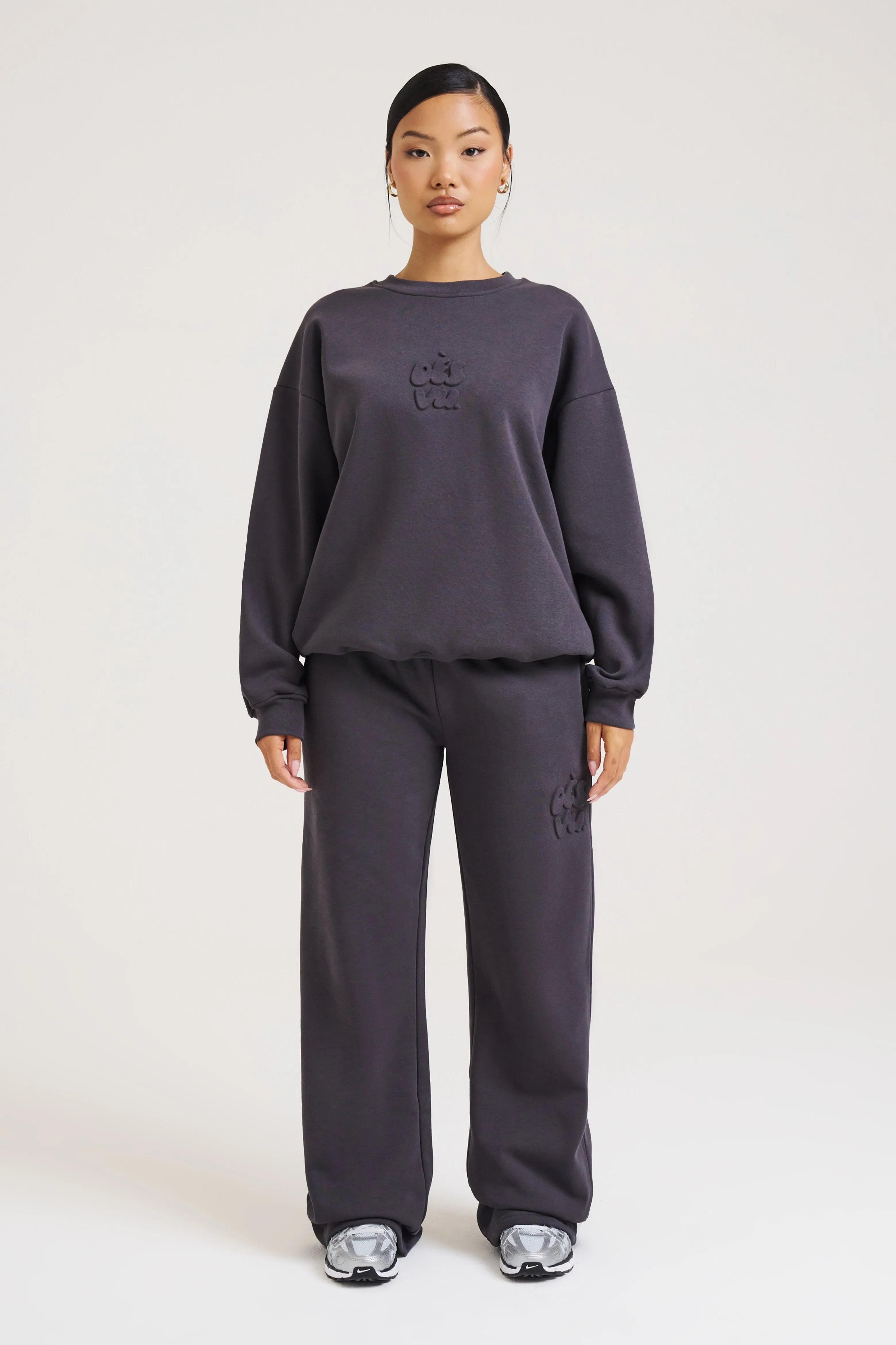 Embossed Wide Leg Joggers - Charcoal