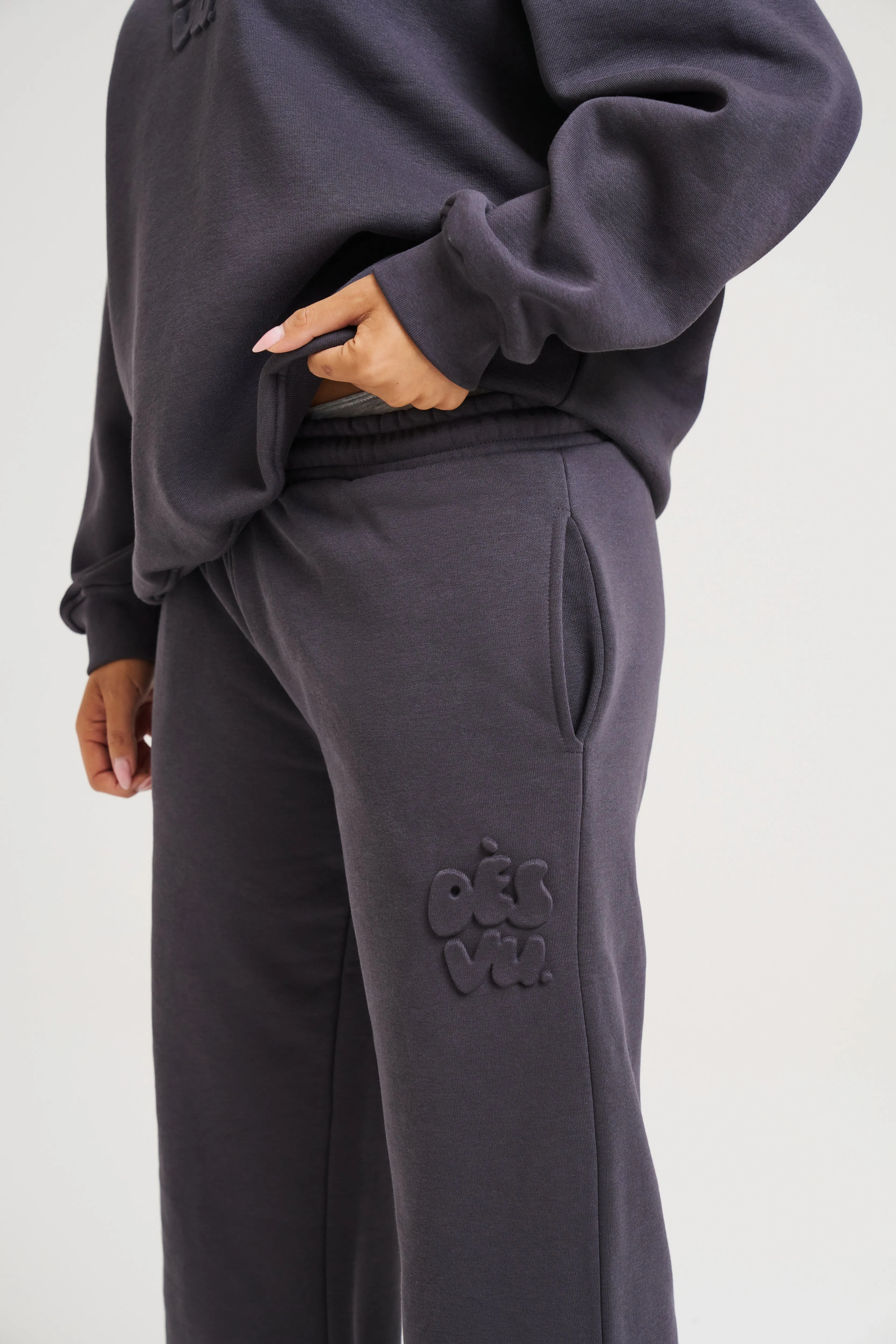 Embossed Wide Leg Joggers - Charcoal