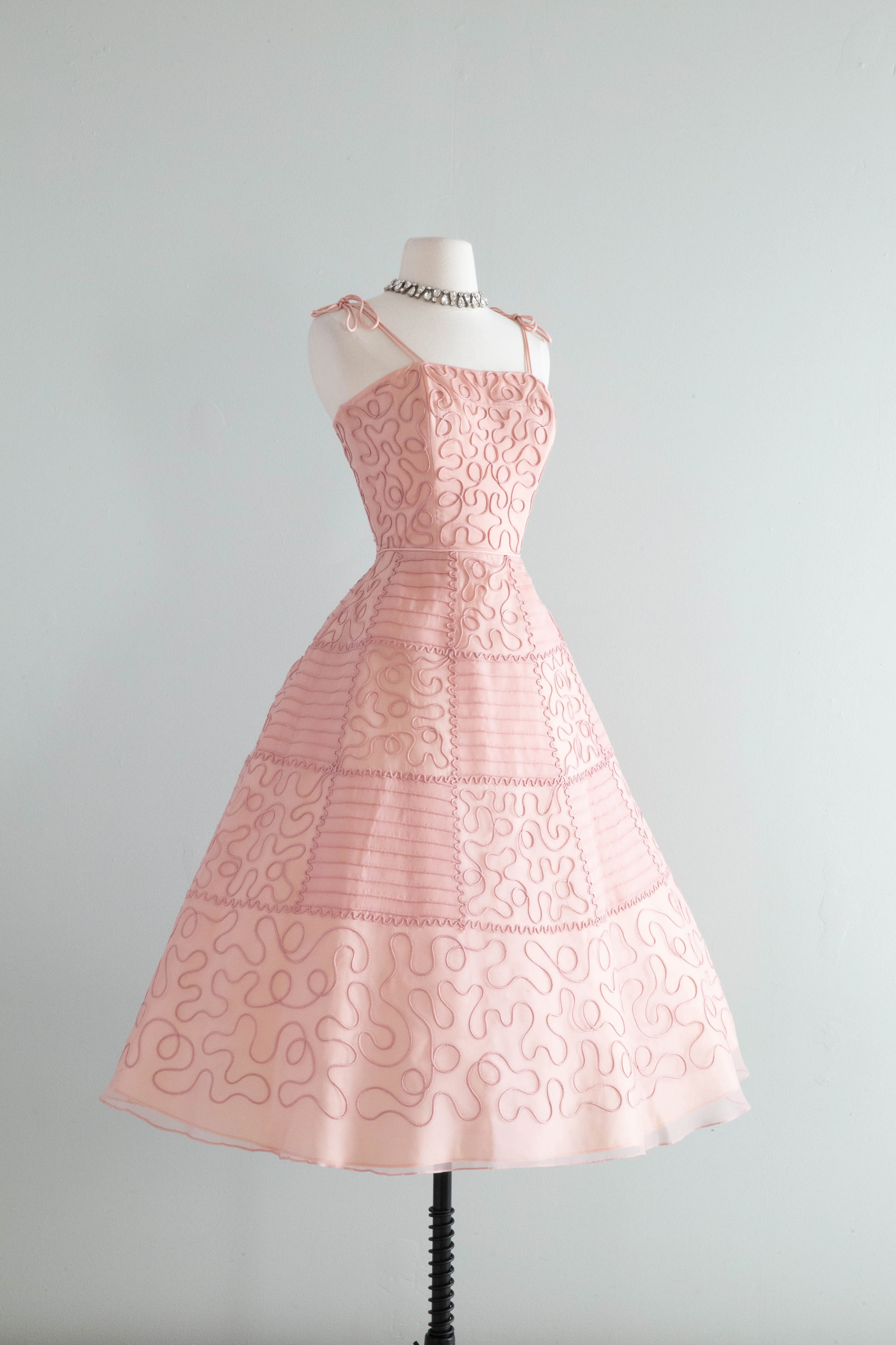 Exquisite 1950's Blushing Rose Organza Party Dress With Checkerboard Soutache / Small