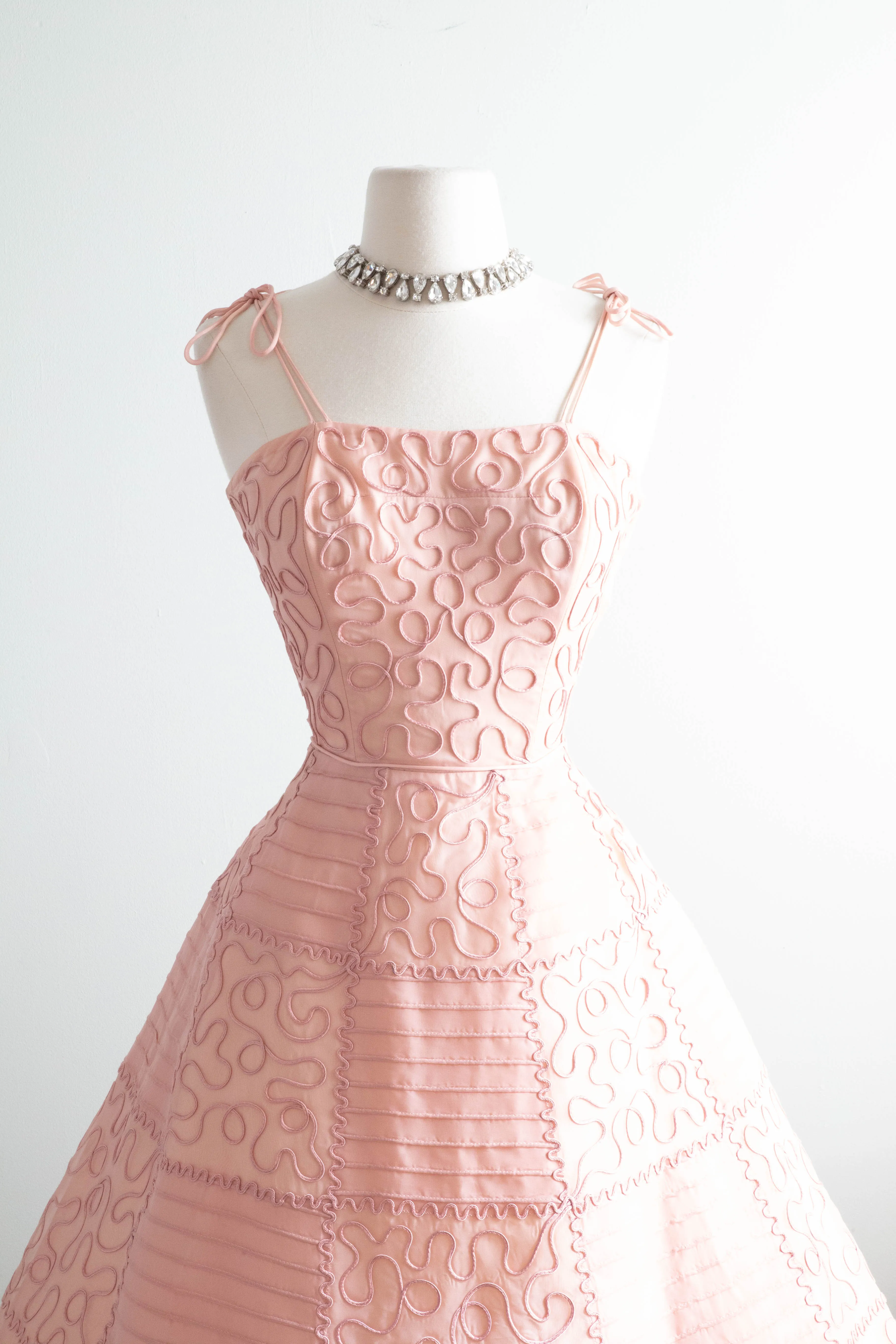 Exquisite 1950's Blushing Rose Organza Party Dress With Checkerboard Soutache / Small