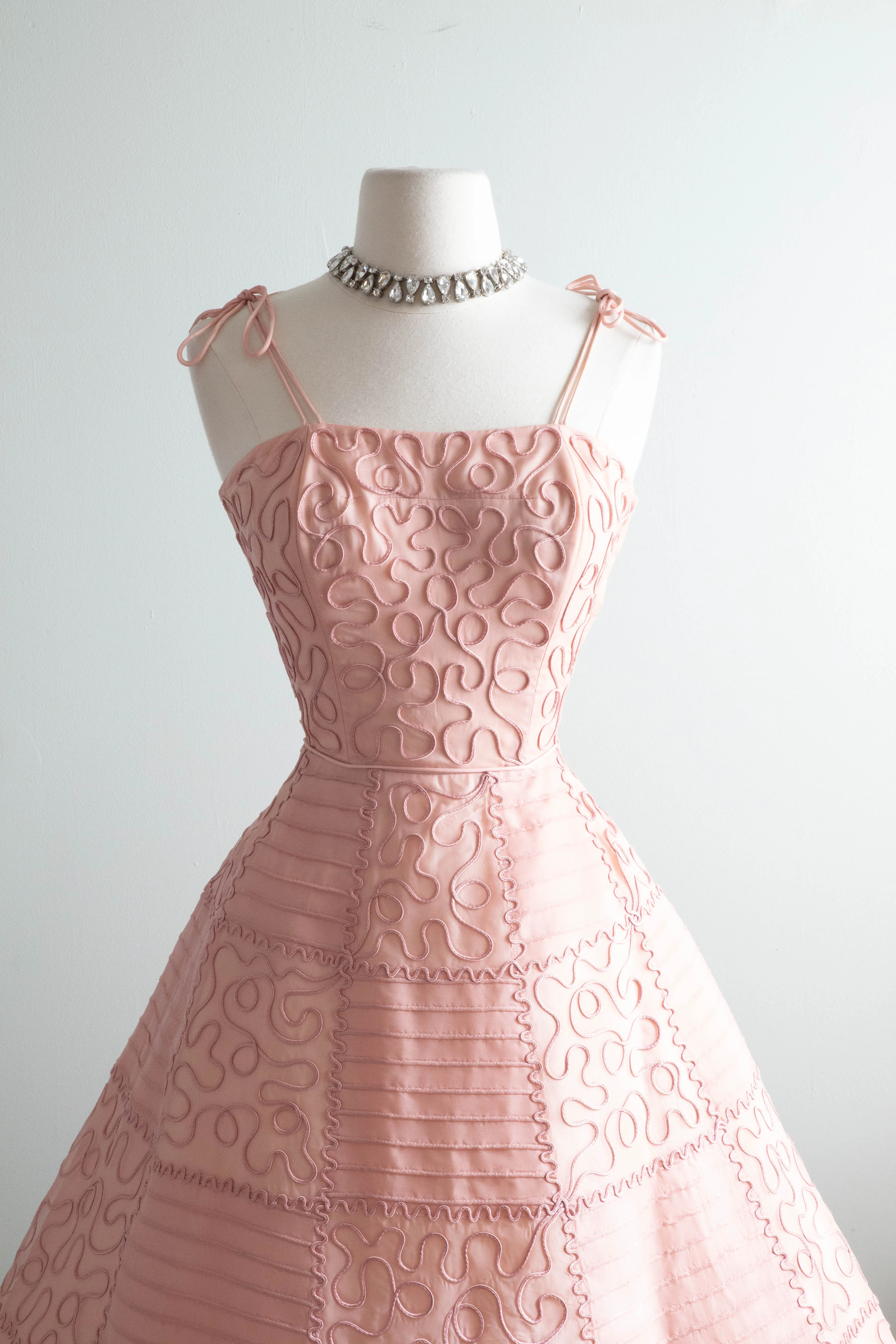Exquisite 1950's Blushing Rose Organza Party Dress With Checkerboard Soutache / Small