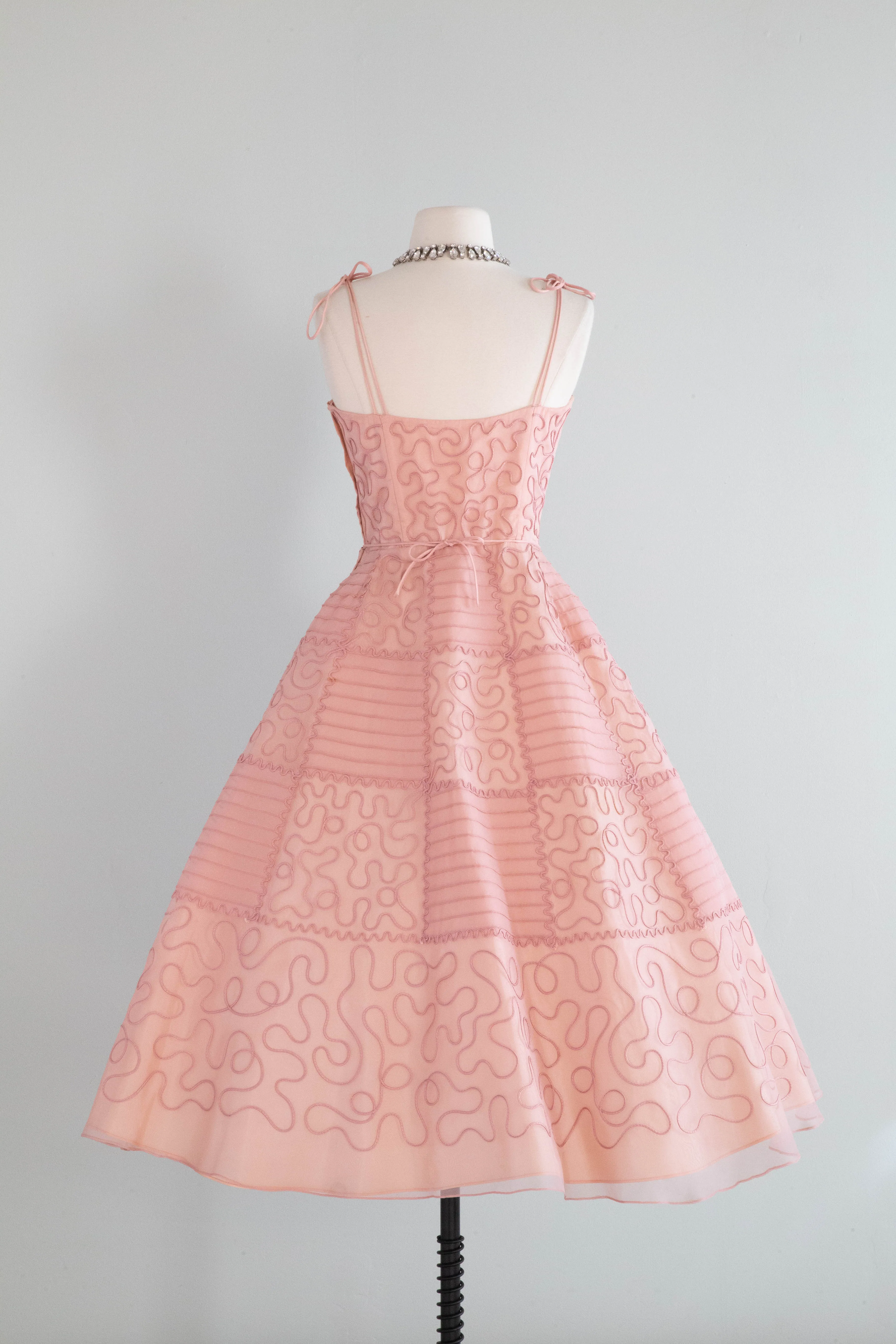 Exquisite 1950's Blushing Rose Organza Party Dress With Checkerboard Soutache / Small