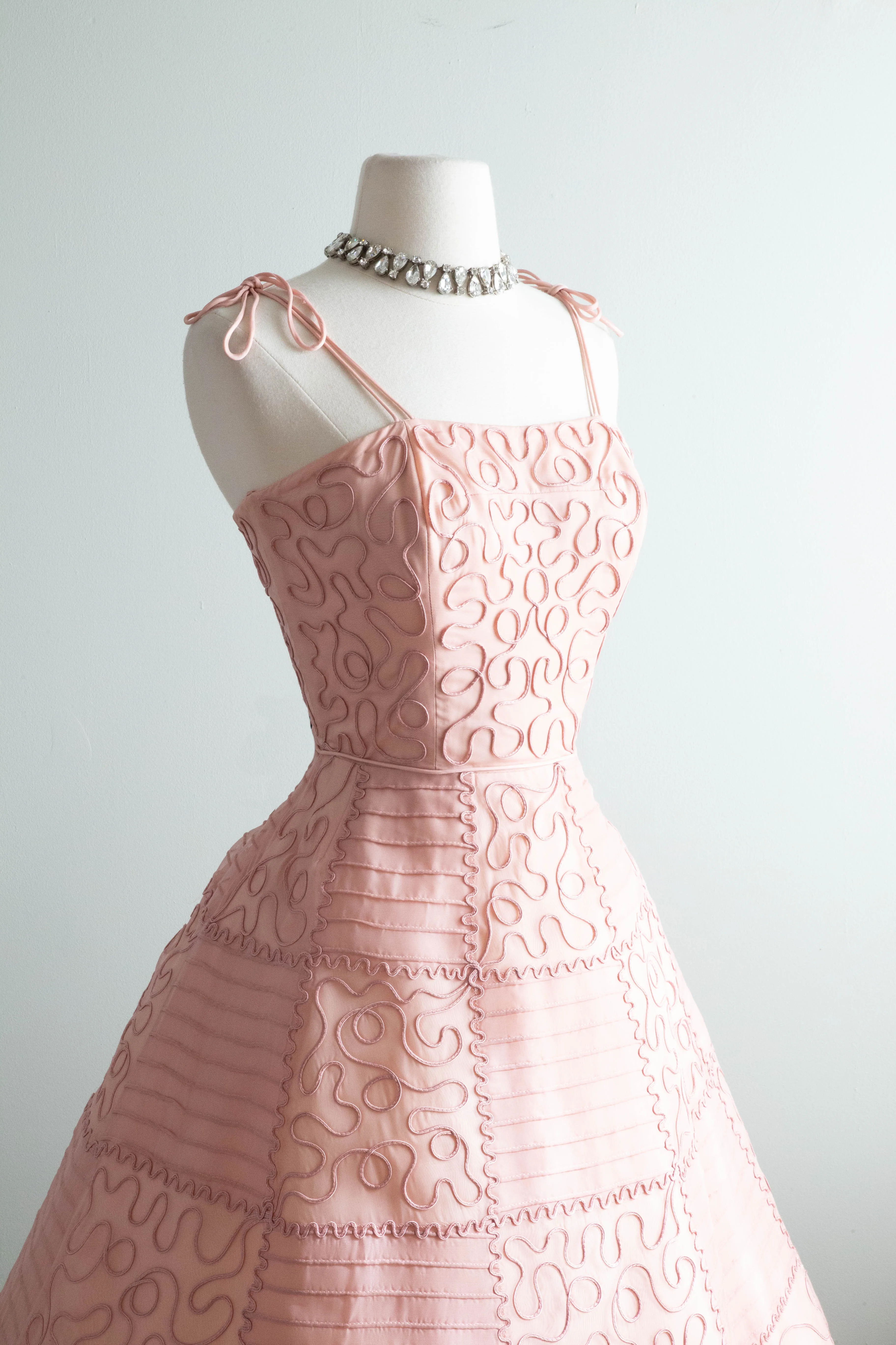 Exquisite 1950's Blushing Rose Organza Party Dress With Checkerboard Soutache / Small