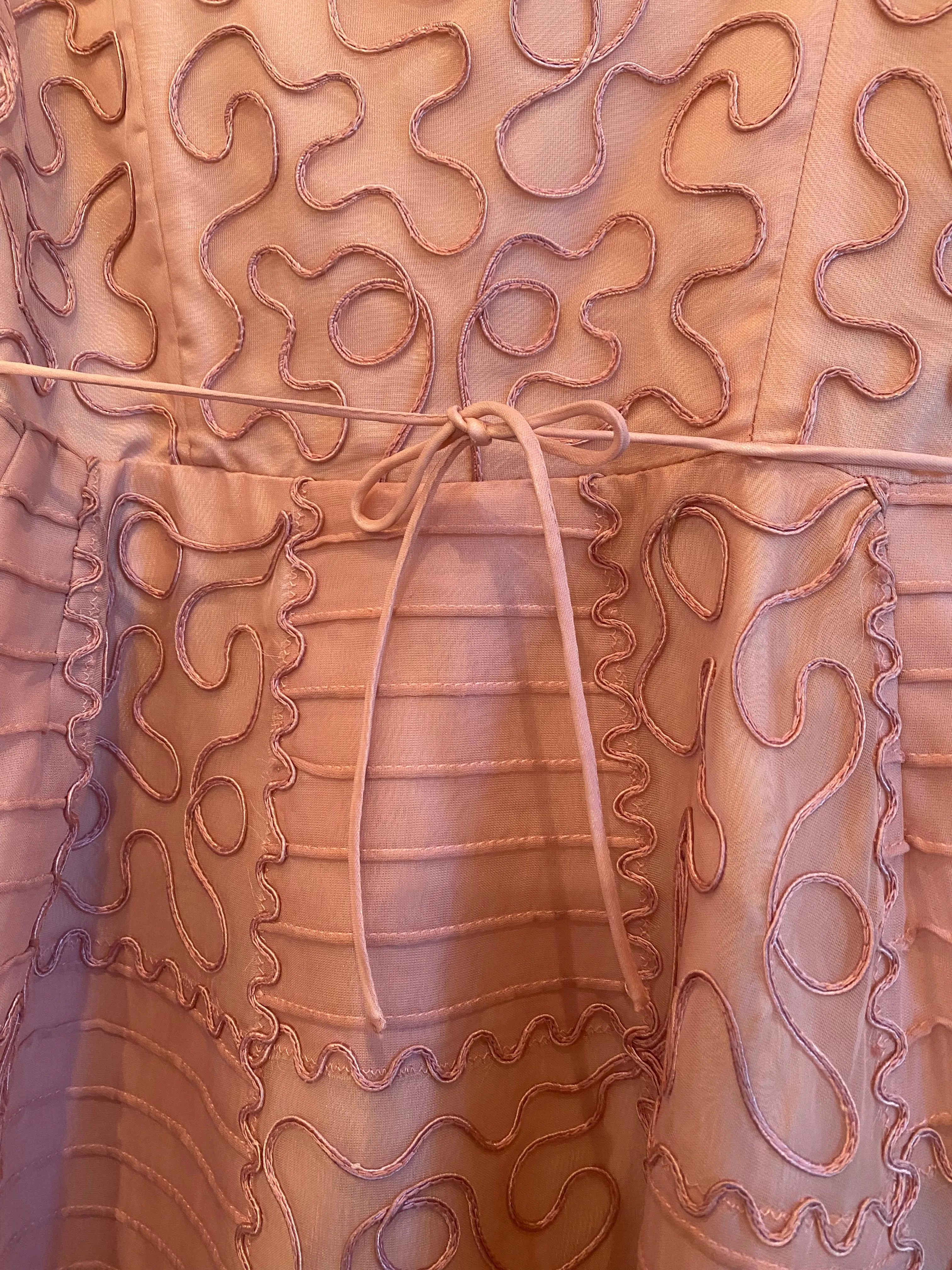Exquisite 1950's Blushing Rose Organza Party Dress With Checkerboard Soutache / Small