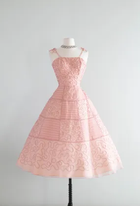 Exquisite 1950's Blushing Rose Organza Party Dress With Checkerboard Soutache / Small
