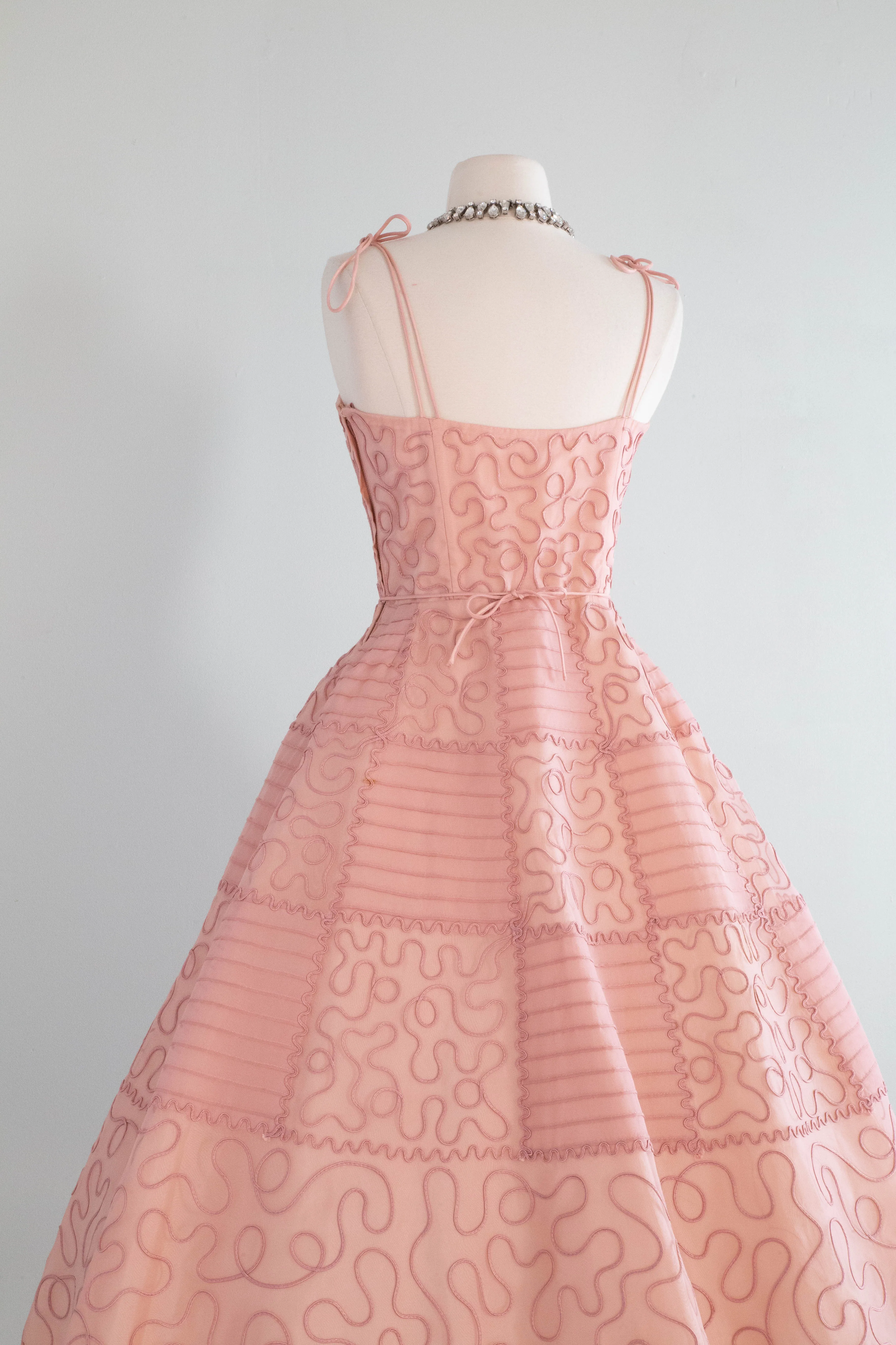 Exquisite 1950's Blushing Rose Organza Party Dress With Checkerboard Soutache / Small