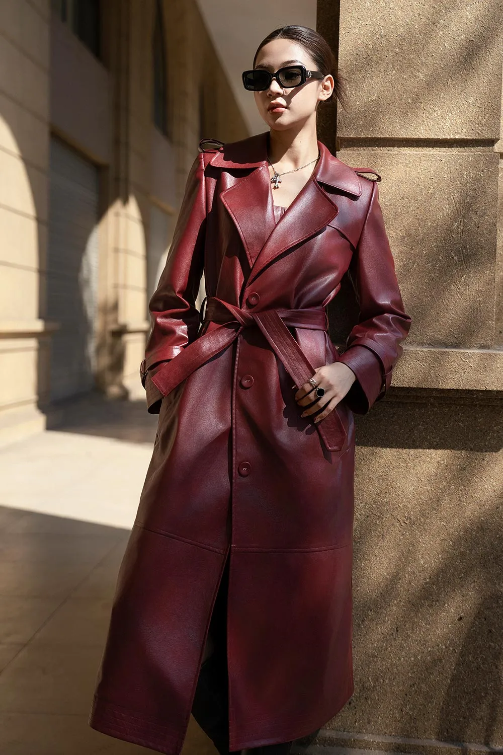 Farah Straight Notch Lapel Leather Calf Length Trench Coat