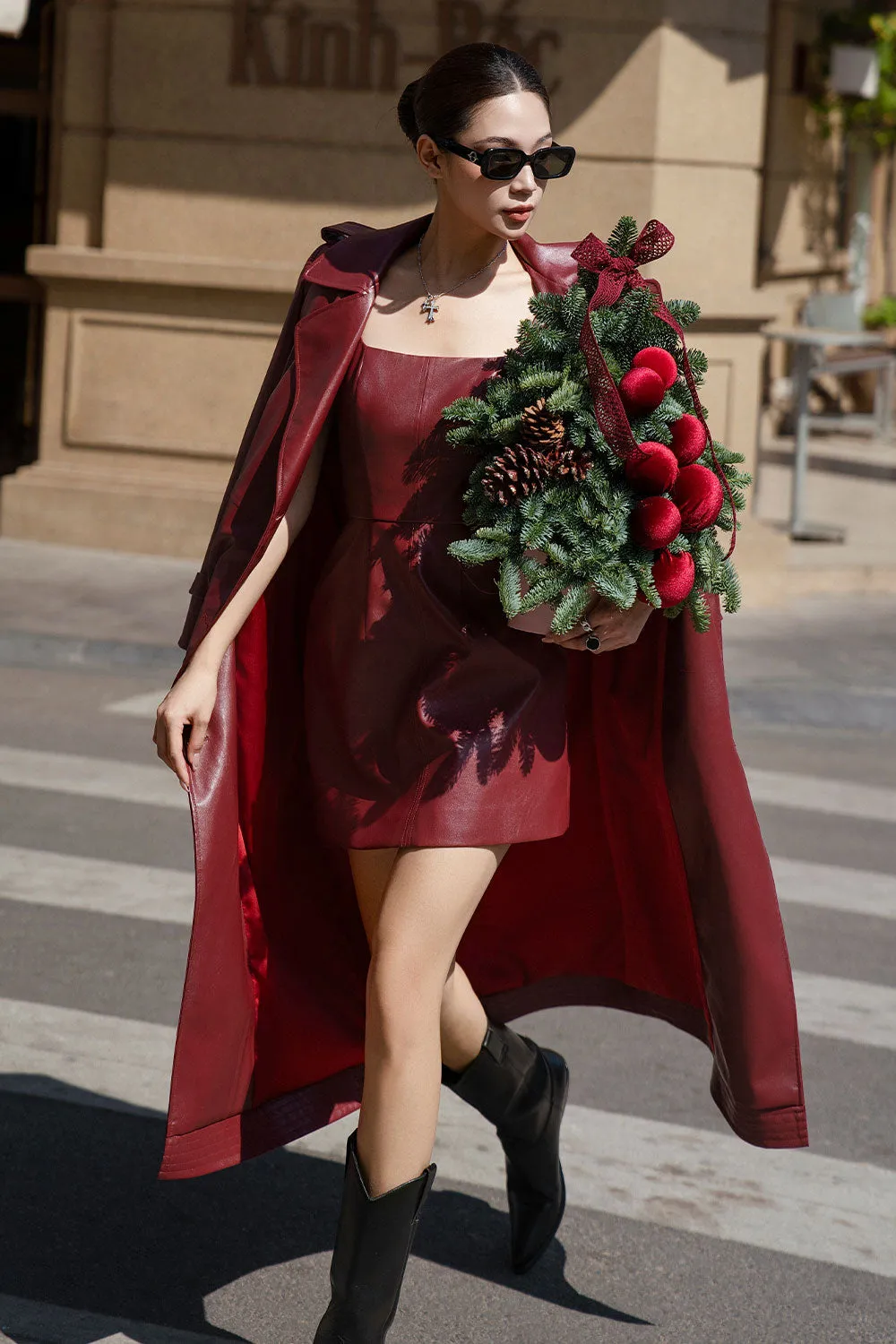 Farah Straight Notch Lapel Leather Calf Length Trench Coat
