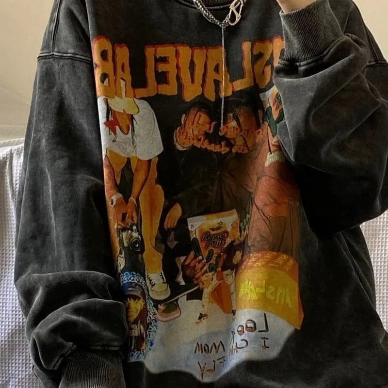 Fashionkova  Gothic Streetwear Graphic Print Grey Hoodie Women Punk Harajuku Hippie Crewneck Sweatshirts Vintage Pullover Female Top
