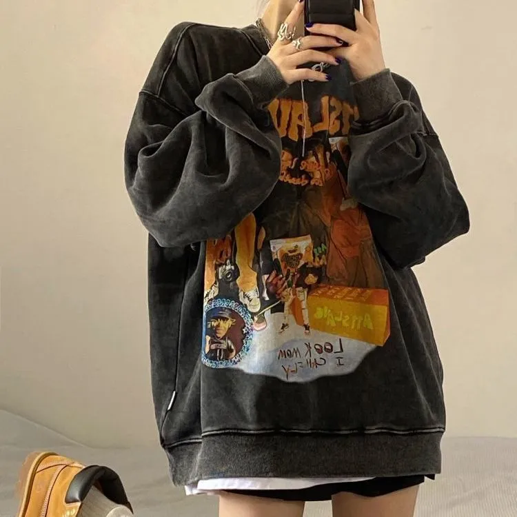 Fashionkova  Gothic Streetwear Graphic Print Grey Hoodie Women Punk Harajuku Hippie Crewneck Sweatshirts Vintage Pullover Female Top