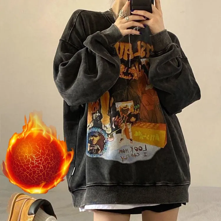 Fashionkova  Gothic Streetwear Graphic Print Grey Hoodie Women Punk Harajuku Hippie Crewneck Sweatshirts Vintage Pullover Female Top