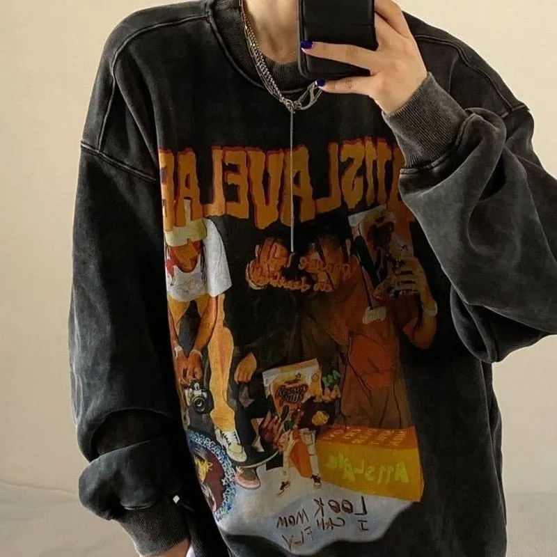 Fashionkova  Gothic Streetwear Graphic Print Grey Hoodie Women Punk Harajuku Hippie Crewneck Sweatshirts Vintage Pullover Female Top