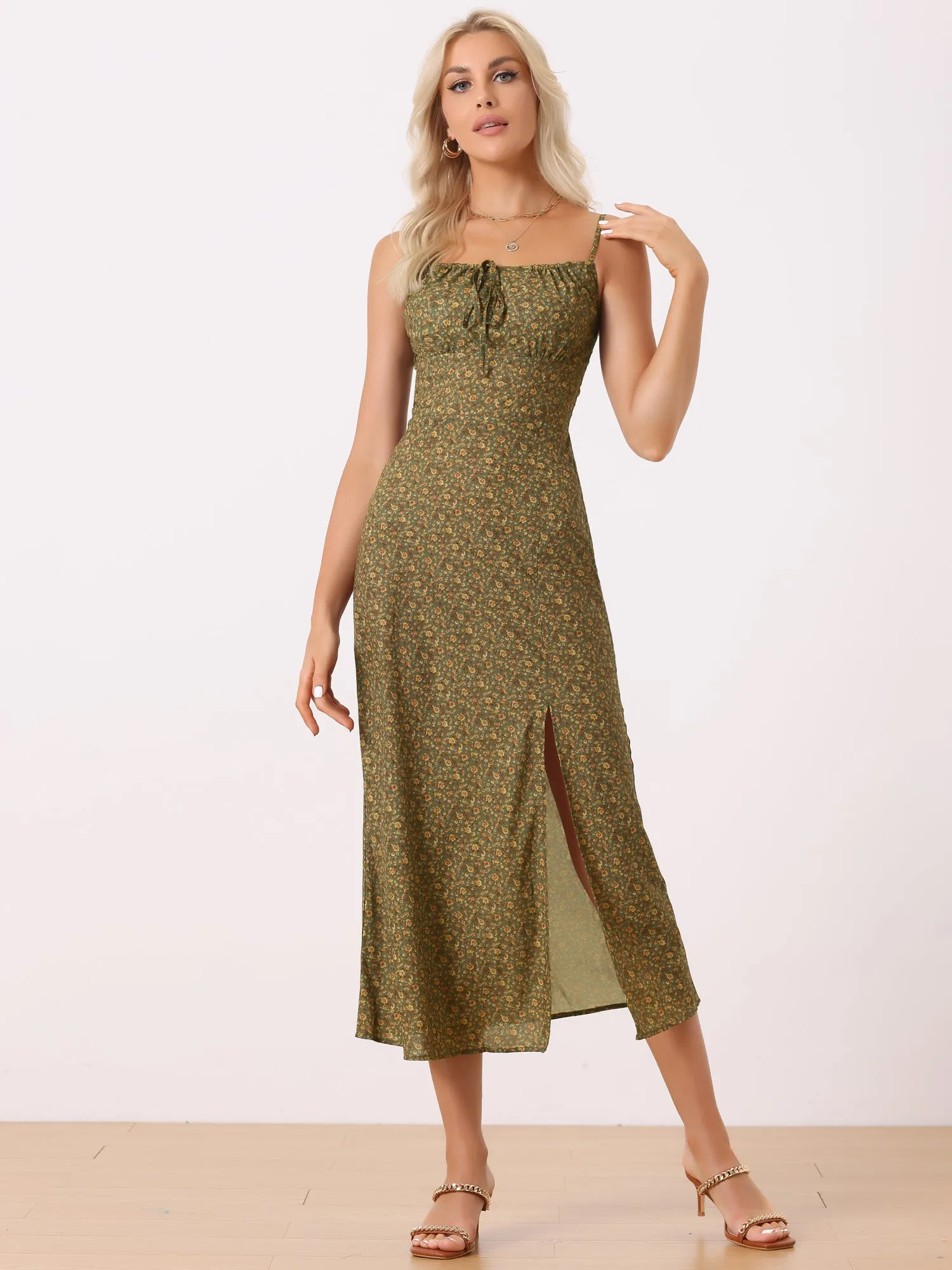 Floral Spaghetti Strap Casual Low Cut Midi Slit Dress